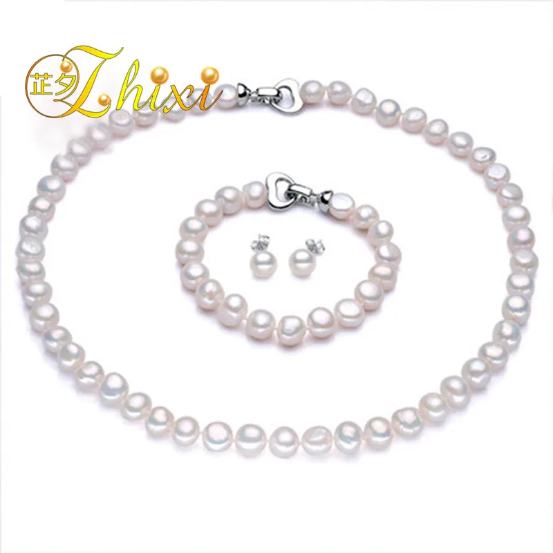

[ZHIXI] Fine Pearl jewelry Sets Natural Baroque Pearl Necklace Earrings Bracelet 8-9mm Trendy Anniversary Gift For Women BT007