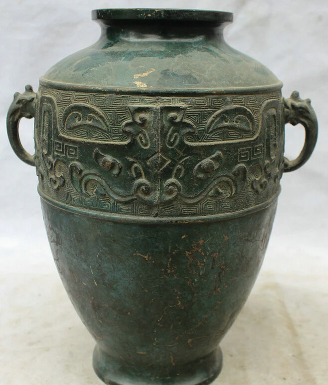 

S5620 11" Chinese Dynasty palace Bronze Beast handle Pot Jar Crock flower Bottle Vase D0318