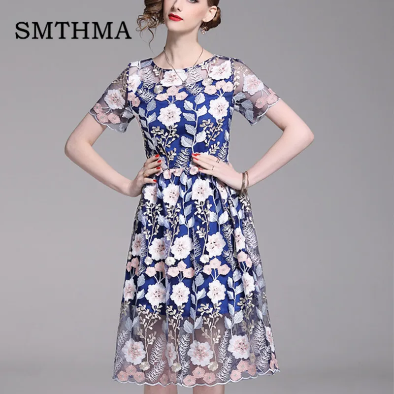 

SMTHMA Women High-grade embroidery Elegant Dress Vintage Floral Mesh Summer Dresses Gown Formal Party Dresses Vestido