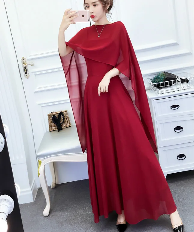 2019 Summer Women Elegant Women Capes Dresses Lady A-line Maxi Chiffon Dresses Woman Two Pieces Sets Summer Maxi Dress