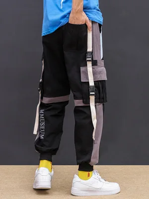 Весна и осень мужские многокарманные лямки хип-хоп шаровары брюки корейские черные и белые строчки повседневные брюки карго