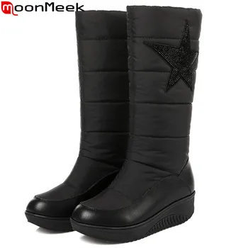 

MoonMeek black women boots platform round toe winter Down waterproof Keep warm snow boots genuine leather mid calf boots