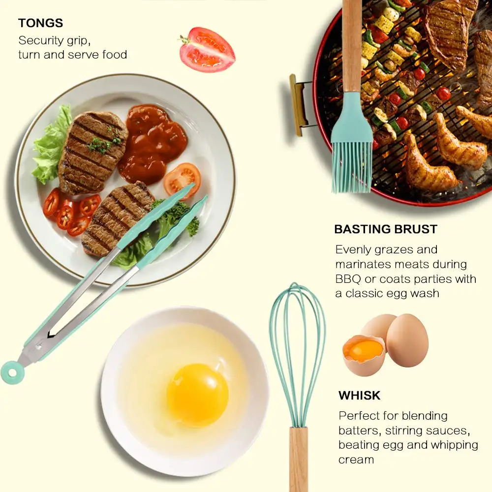 LMETJMA 11 Pieces Silicone Cooking Utensils Set Kitchen Cooking Tools Set With Natural Wooden Handle Nonstick Cookware KC0207