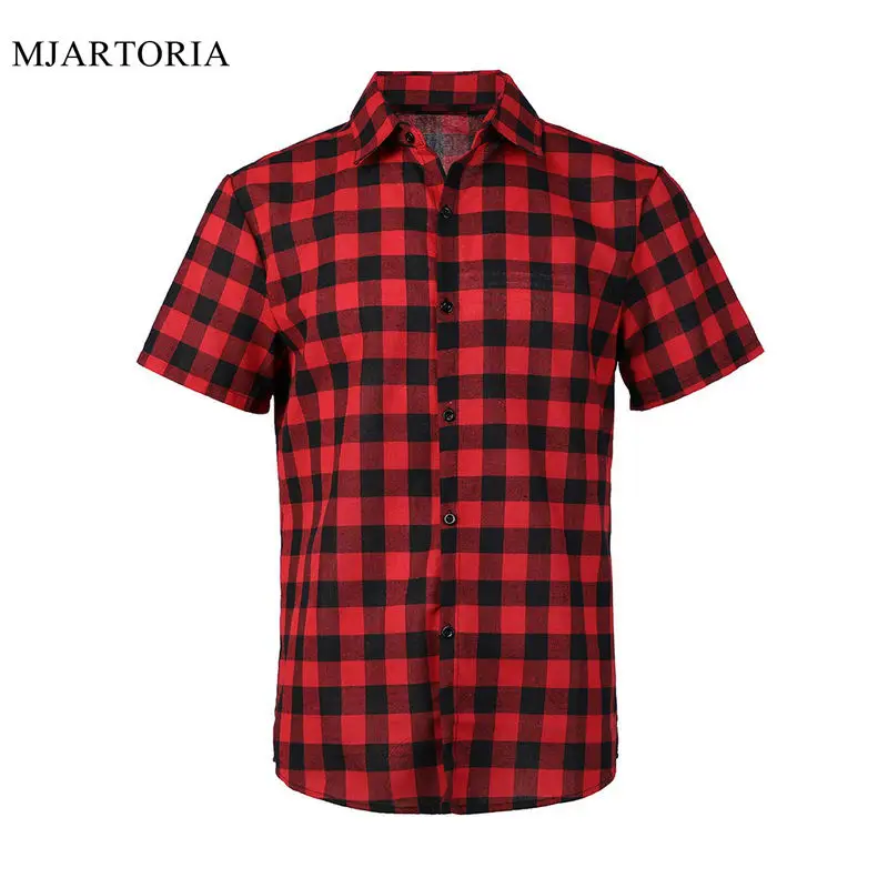 

MJARTORIA 2019 Summer Fashion Turn-down Collar Short Sleeve Men Shirt Casual Red Black Plaid Shirt Fit Male Shirt camisa hombre
