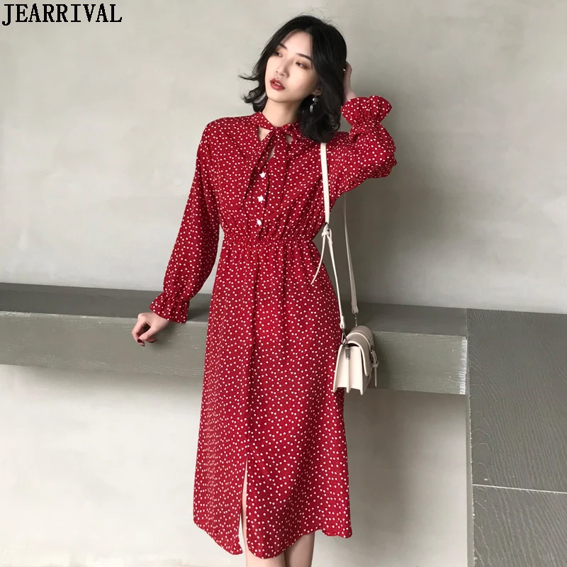 

Bow Collar Polka Dot Chiffon Dress Women Long Flare Sleeve Slim A-Line Casual Midi Dress 2019 Female Elegant Vestidos De Festa