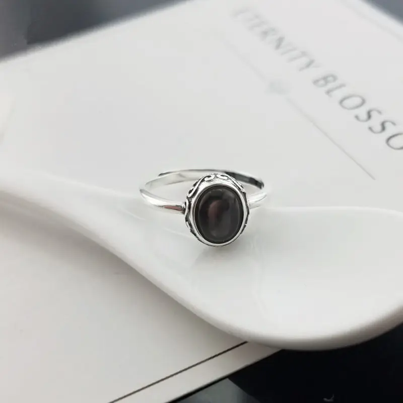 Natural Black Mother Pearl Stone Solid Silver 925 Rings For Women Simple Thin Band Thai Silver Pure Sterling Silver 925 Jewelry
