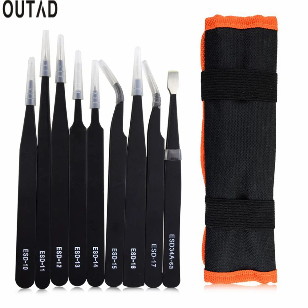 

OUTAD 9PCS ESD Stainless Steel Tweezers Kit Precision Anti-static Maintenance Tools for Electronics Jewelry Phone Repairing