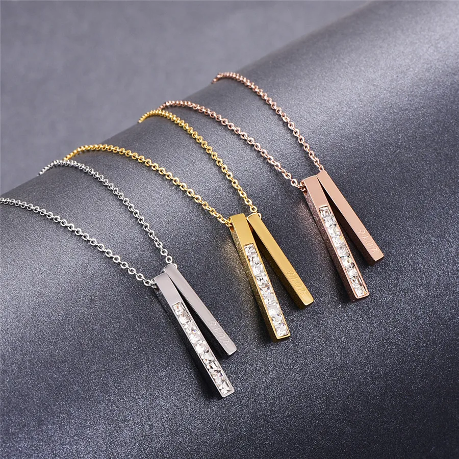 

Martick Double Strips Square Cubic Zirconia Pendant Necklace Rose Gold Color Link Chain Strip Necklace Fashion Jewelry P290
