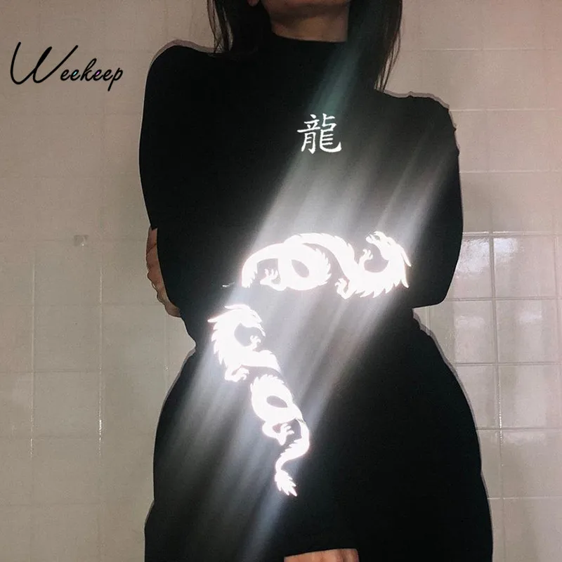 

Weekeep Reflective Dragon Printed Long Sleeve t shirt Women Spring Autumn Cropped Long Sleeve Streetwear tshirt Black O-neck Top