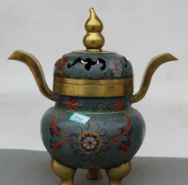 

8" China Cloisonne Bronze Gild 3 Foot Bottle gourd Flower Incense Burner Censer R0711 Discount 35%