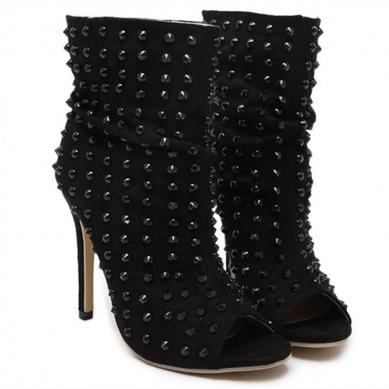 Frauen Besetzte Sommer Schwarz Fsj01 Stiletto Abend Toe Mit Nieten Peep Slouch Stiefel Klassische Heels Schuhe Party Fsj IwqFEgq