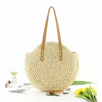 Straw bag Women's fashion shoulder bag center round rattan straw hand-woven bohemian large size beach bag dcos ins new ladies hand woven bag round rattan retro literary hand woven leather buckle package bohemia beach messenger bag