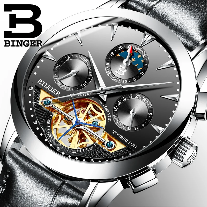 Модные мужские часы Tourbillon швейцарские автоматические BINGER механические с кожаным