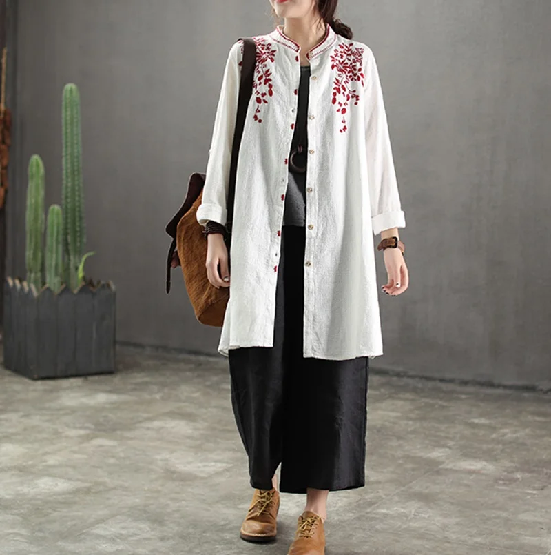 Традиционная китайская рубашка женская одежда осенний длинный плащ с вышивкой Harajuku винтажный Дамский китайский топ TA1641