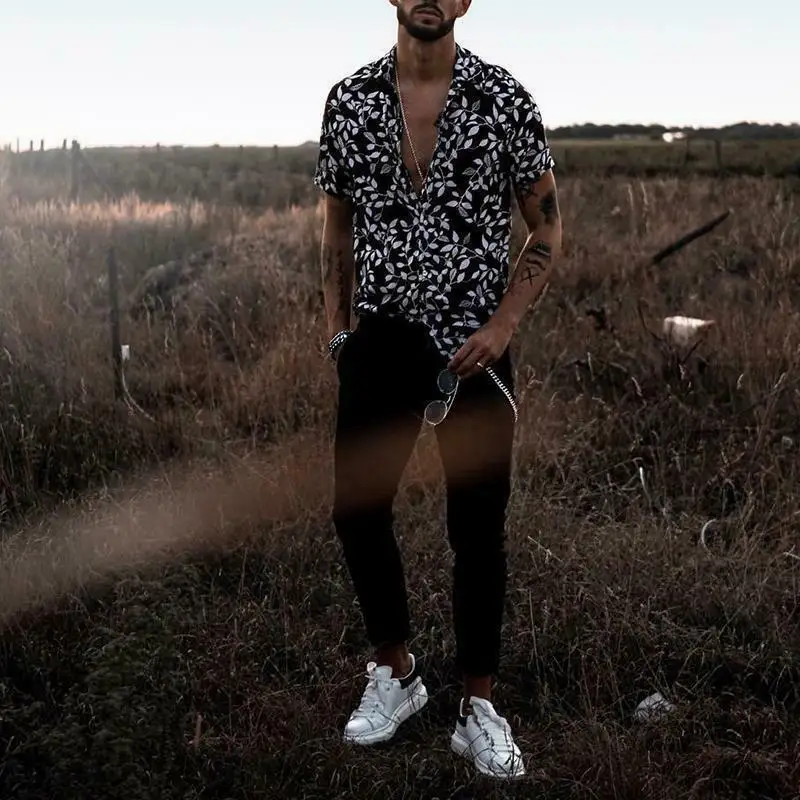 

New European Style Trendy Black Slim Hawaiian Printed Male's Clothing Short Sleeve Shirt Men Brand New Casual Shirts