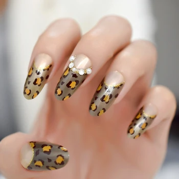 

3D Leopard French Tips Long Oval Round False Nail Rhinestones Gems Extensions Nail Tips Faux Ongles Fake Nails