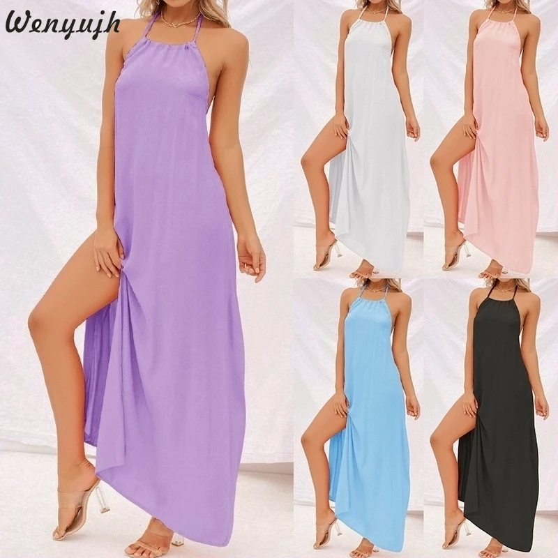 

Wenyujh Women Boho Summer Halter Neck Dress Side High Split Maxi Long Casual Dress Sexy Sling Backless Sleeveless Sundress Beach