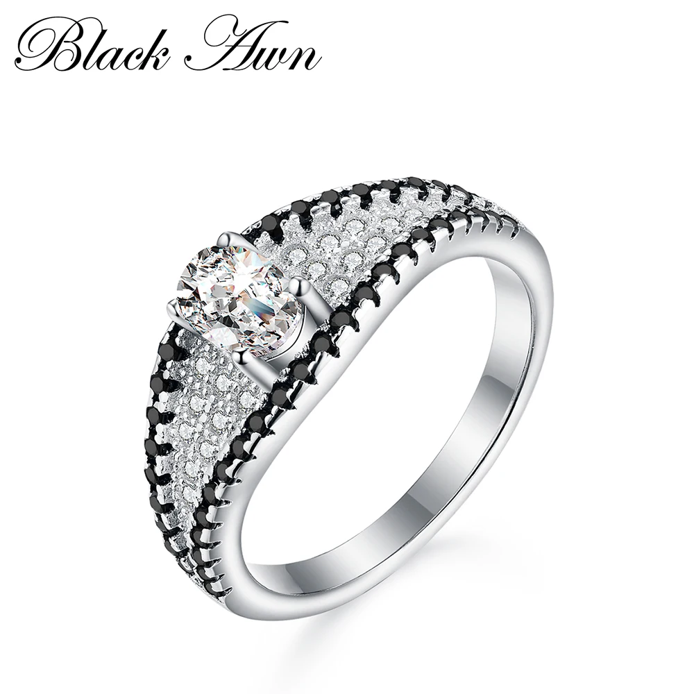 

[BLACK AWN] Genuine 100% 3.2g 925 Sterling Silver Jewelry Rings for Women Black Spinel Stone Bijoux Party Gift C243