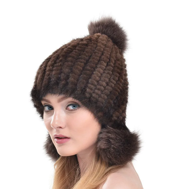 Осень и зима новая роскошная женская норковая вязаная шапка с ушками модная теплая женская шапка из лисьего меха LH300