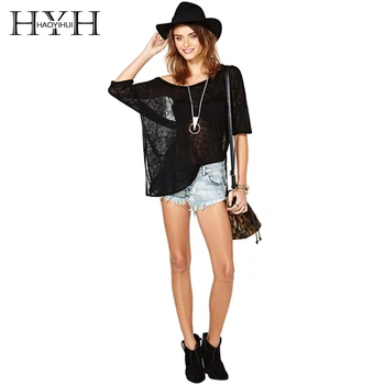 

HYH Haoyihui 2019 New Arrival Street Sexy Loose Perspective Open Back Split Solid Color Fashion Summer Lady Short Sleeve T-shirt