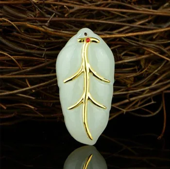 

Pure Gold Inlaid With Hetian Jade Leaf Pendant Necklace Sweater Chain Jewelry Gift Wholesale