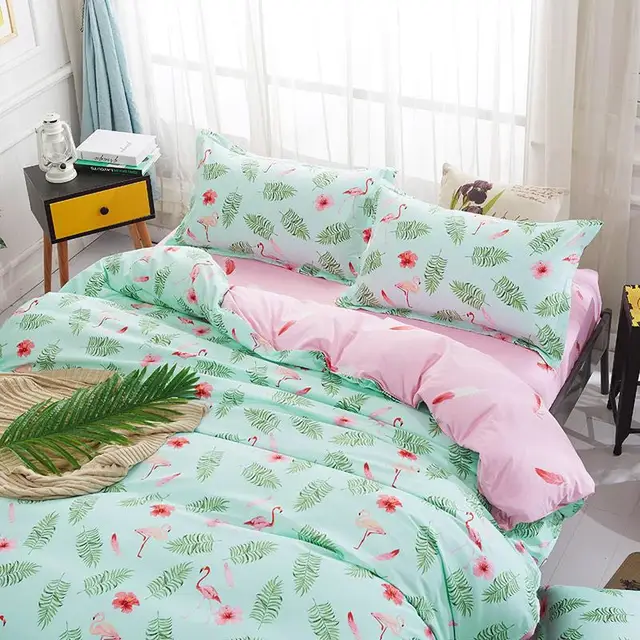 1set fashion pink flamingo green leaves printed bedding sets pink flamingo sheets