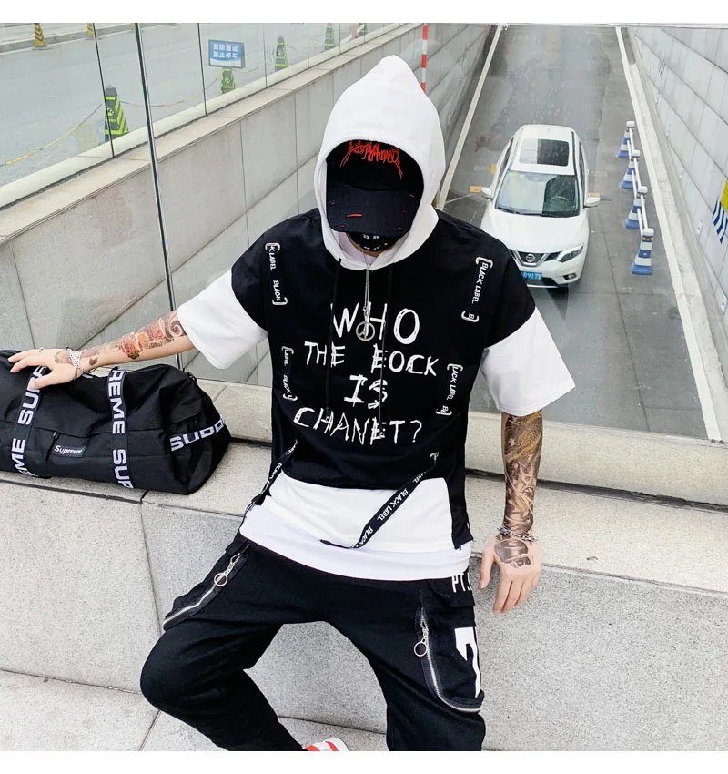 Aolamegs T Shirt Men Block Ribbon Hooded Men's Tee Shirts Short Sleeve T Shirt Fashion High Street Tees Hip Hop Streetwear (3)