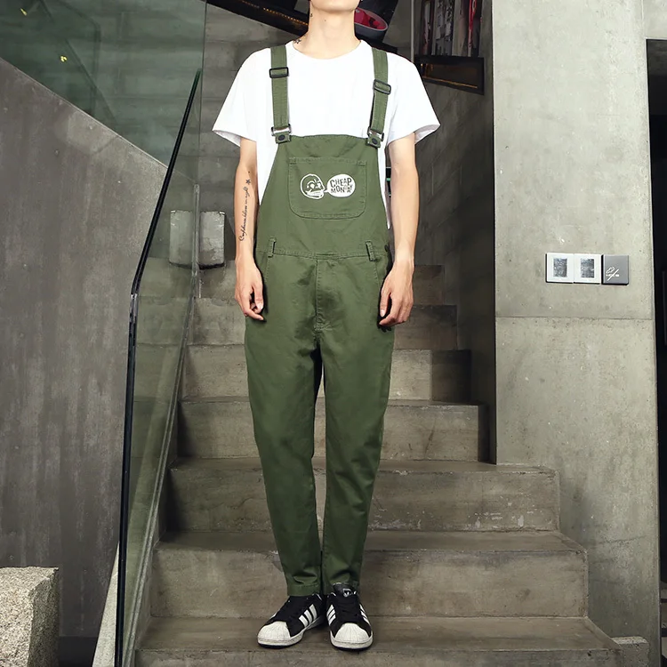 Men's Fashion Cute Pattern Pockets Bib Overalls Pant Army Green Black