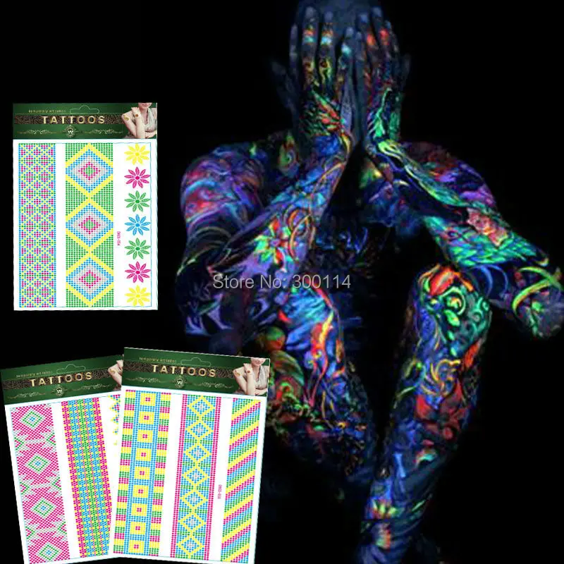 Louco do Partido Atacado Luminosa Fluorescente Luz Férias Tatuagem Temporária Harajuku Boate Fluorescência Tatuajes Corpo 500 Pcs 7 fluorescente luz Férias Tatuagem Temporária Harajuku Boate Fluorescência Tatuajes Corpo