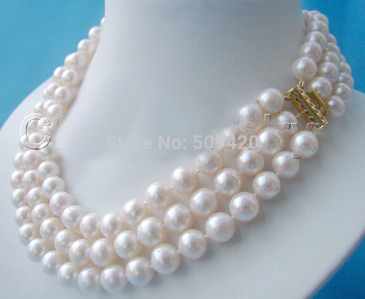 

Shipping Beautiful 3row 17-19" AAA 10mm white round freshwater pearl necklace (C0309)