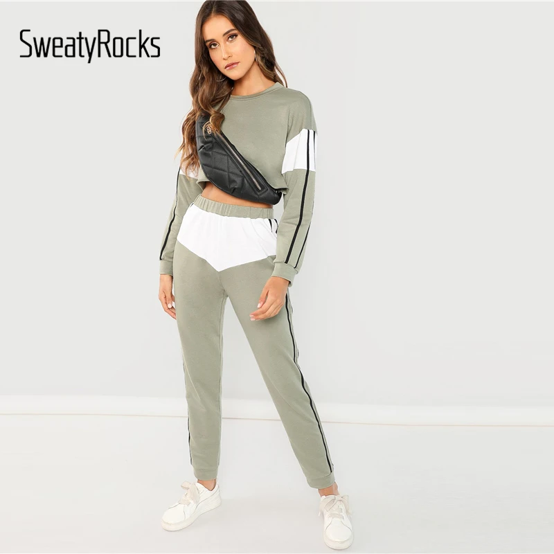 

SweatyRocks Multicolor Sporting Striped Crop Top & Pants 2018 Colorblock Long Sleeve Tracksuit Autumn Women Casual Two Piece Set