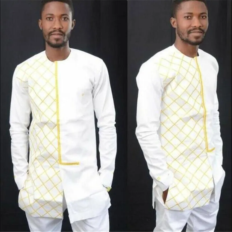 African Clothing Long-sleeved Long Shirt Round Neck Hot Sales Dresses Restoring Ancient Ways Grid printing Men Clothes (5)