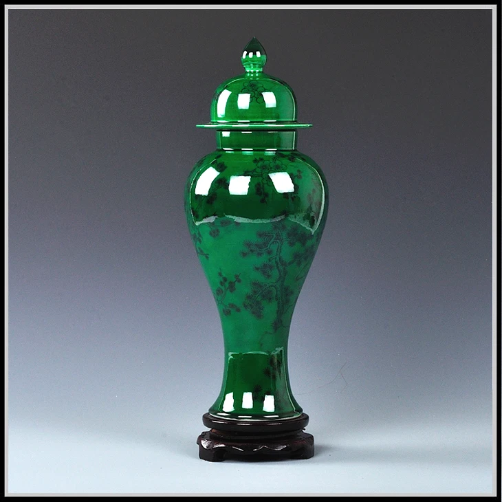 

Jingdezhen ceramic jade color glazed flower vases ginger jars with qing qianlong year mark