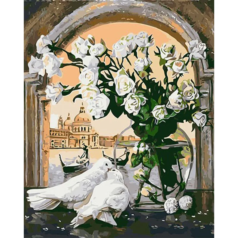 

ArtSailing Modular pictures by numbers Kit Hand paints White Roses pigeons Flowers paintings by numbers on canvas Posters NP-119