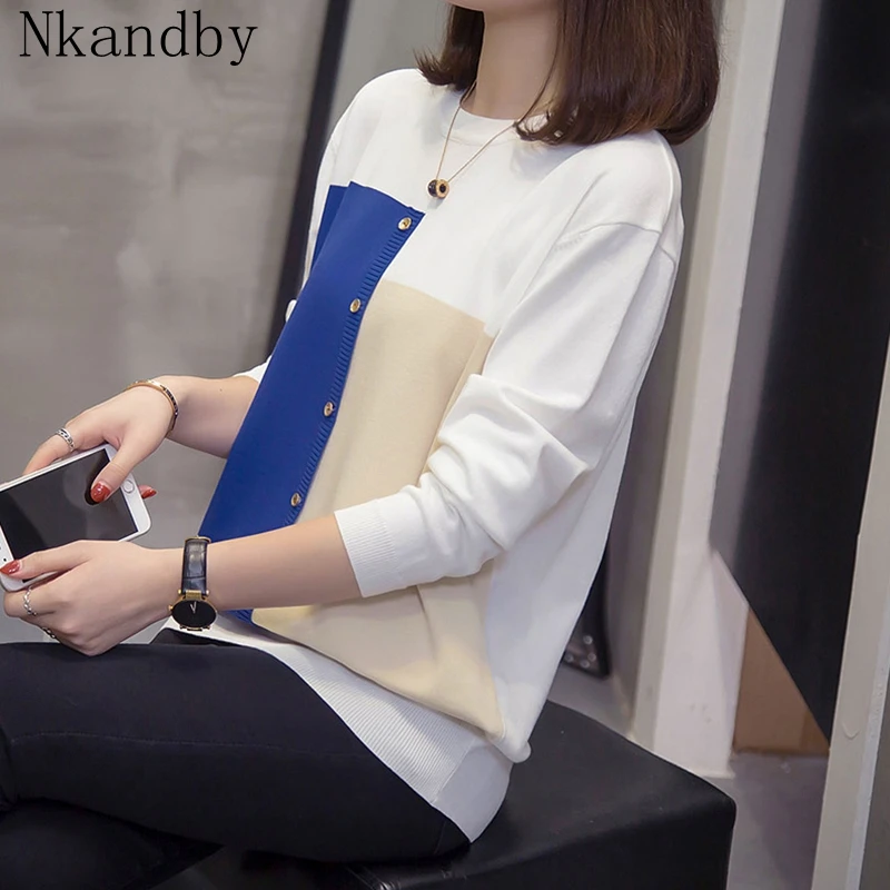 

Plus Size Spell Color Knitting Tops For Women Autumn Winter Casual Loose Long Sleeve Sweaters Pullovers Oversized Korean Jumper