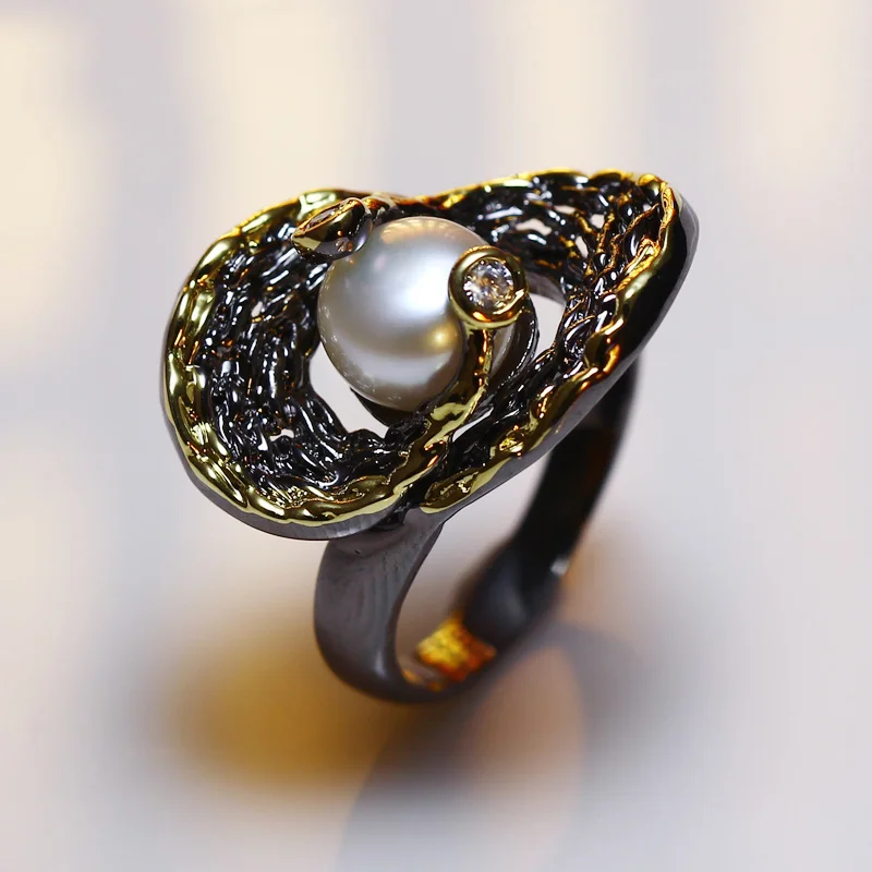ヴィンテージピック真珠高品質ユニークな声明ブラックゴールドのカラー周年記念ギフトジルコン石トレンディ黒リング用女性 Rings For Women Ring Forblack Ring Aliexpress