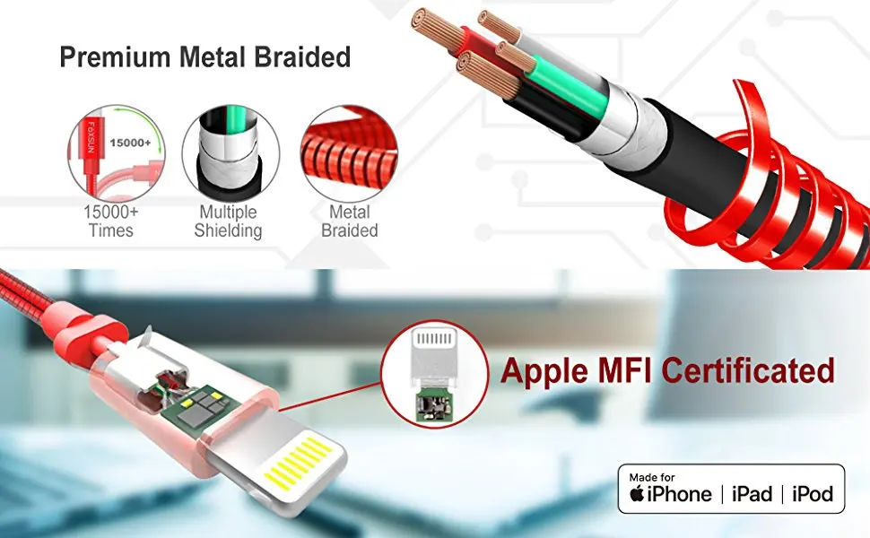 Foxsun металлический MFI Сертифицированный для Lightning-USB кабель для быстрой зарядки и передачи данных кабель передачи данных-почти Небьющийся-для iPhone кабель, 1,5 м