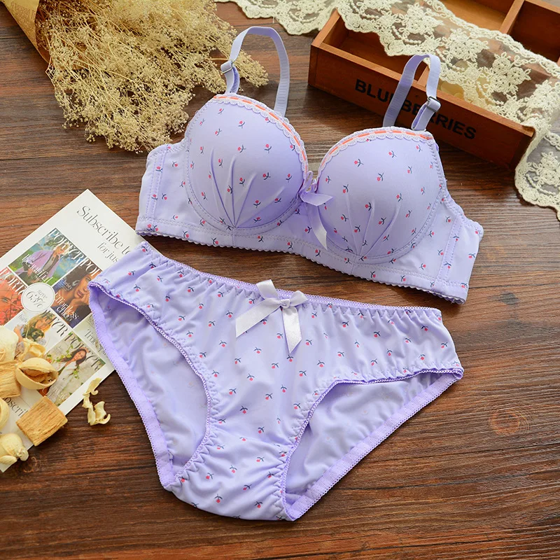 Women Intimates 3 Candy Color Cute Flowers Bow Print Bra and Panty Set