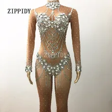 Fashion Silver Crystals Black Jumpsuit  Dance Wear Celebrate Bodysuit Bright Rhinestones Costume Female Singer Stretch Outfit