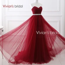 Vivian's Bridal Sweetheart Burgundy Evening Dress A Line Backless Prom Dress Sequin Belt Tulle Formal Evening Gown 16422