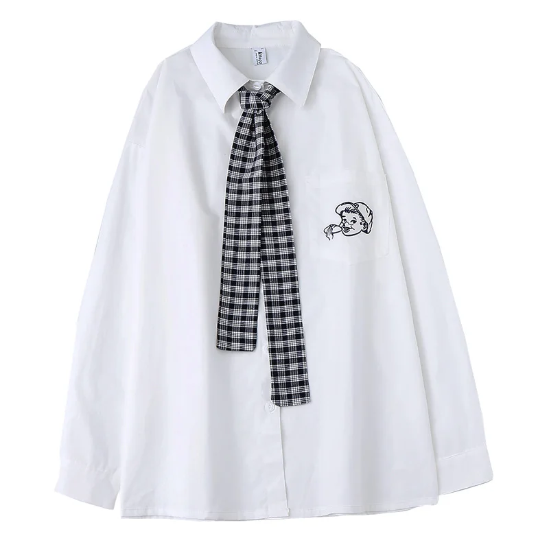 

Women's Shirt 2019 Fashion Long Sleeve Little Boy Eat Bread Embroidered Plaid Tie Casual Japanese Preppy styleBlusas Femininas