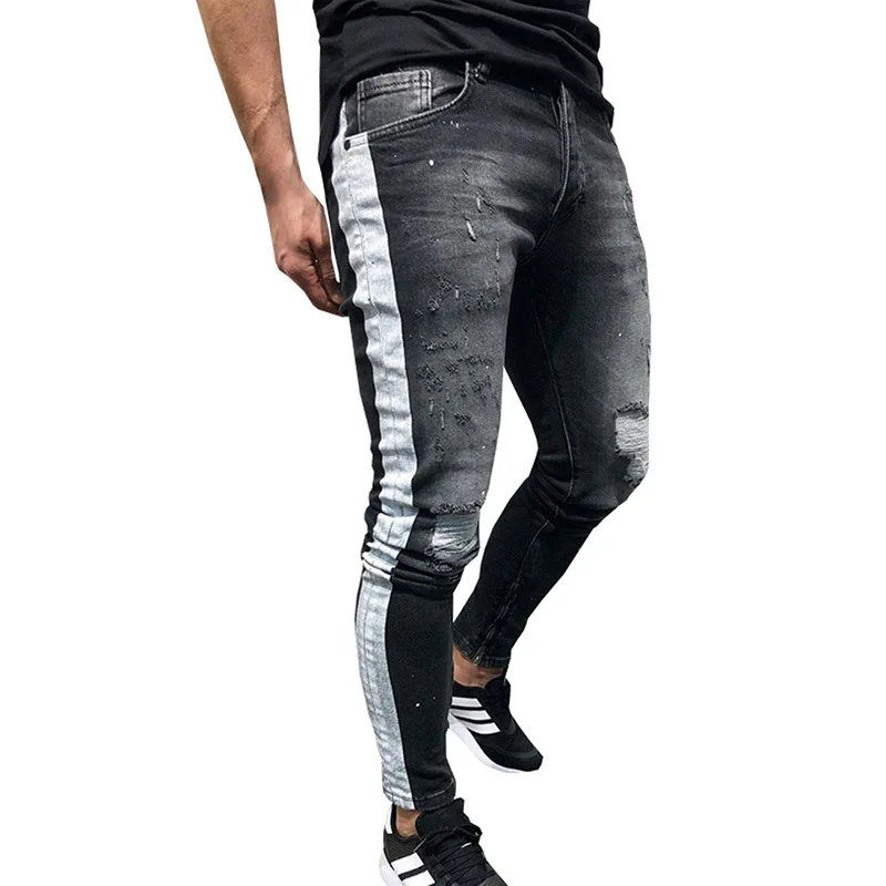 Black Skinny Jeans Men Hip Hop Stripe Ripped Elastic Slim Fit Jeans