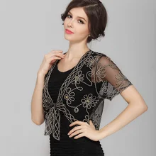 Verano Crochet Lace Mesh Shrug Bolero mujeres V Collar de manga corta bordado flor transparente Vintage Cardigan chal abrigo