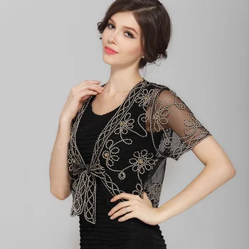 

Summer Crochet Lace Mesh Shrug Bolero Women V Collar Short Sleeve Embroidery Flower See-Through Vintage Cardigan Shawl Coat