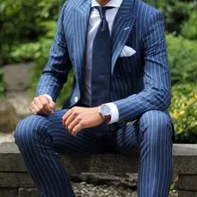 Темно-Синий Ретро Индивидуальные Полосы Мужская Выпускного Вечера Венчания Костюмы 2 штук Slim Fit Жених Смокинги Ужин Человек Костюм пиджак мужской