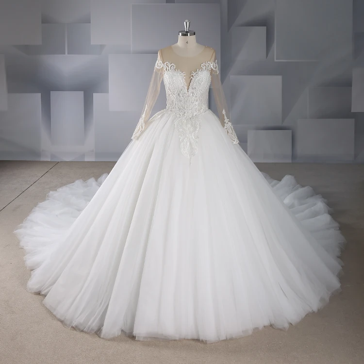 

Rosabridal Ball Gown Wedding Dress Cathedral Long Sleeves O neck beading lace appliques over nude tulle with court train tail