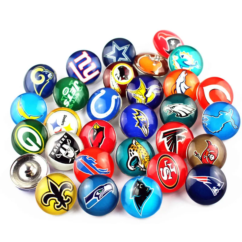 

New arrival 50pcs/lot sports football team Snap Button Print Glass Snap Charms Fit 18mm DIY Ginger Snap Bracelet Jewelry