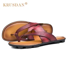 KRUSDAN Hot Sales Summer Comfortable Man Casual Flat Heels Shoes Vintage Genuine Leather Outdoor Beach Men’s Flip Flops