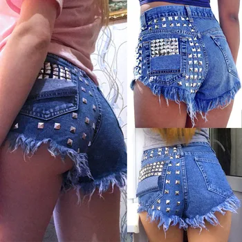 

2018 New Burst Women's Holes Cowboy Loose Shorts Rivet Hot Pants Vintage Ripped Hole Sexy Pocket Jeans Shorts Summer Girl