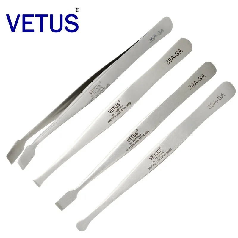 High precision tweezers of VETUS stainless steel Flat head Large round